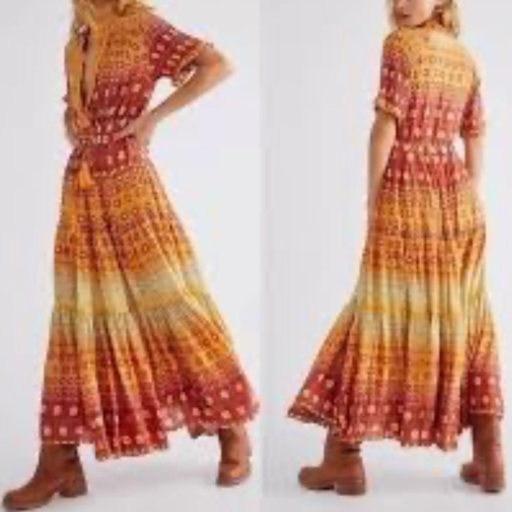 Free People Rare Feelings Printed Dress Goldenrod Combo Ruffles SZ XS Boho EUC